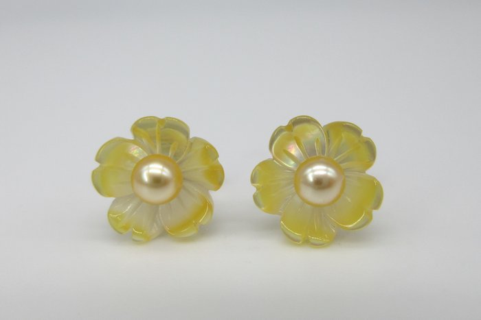 18K包金 海水珍珠, 黄金 - 耳饰 - 0.90 ct 海水珍珠 - 来自南洋珍珠贝的金色珍珠母贝