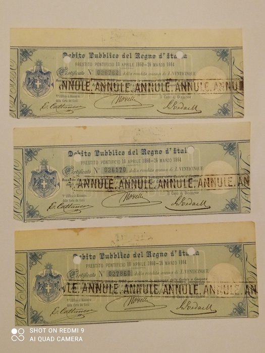 Italy - 3 cedole 25 Lire 1860/1864 Debito pubblico del regno d'Italia prestito pontificio
