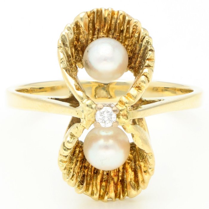 14 karaat Goud – Ring – 0.03 ct Diamant – Parel