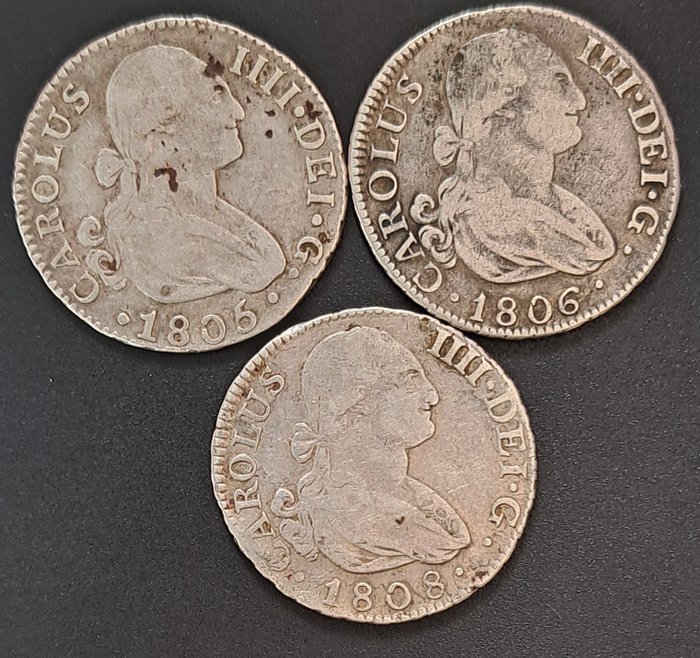 Spain. Carlos IV (1788-1808). 2 Reales 1805/1808. Sevilla y Madrid. CN, FA y AI (3 monedas)