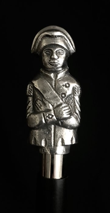 拐杖 - 帝國風格的禮儀「拿破崙」手杖。手柄設計為皇帝半身像 - 木, 鍍銀黃銅