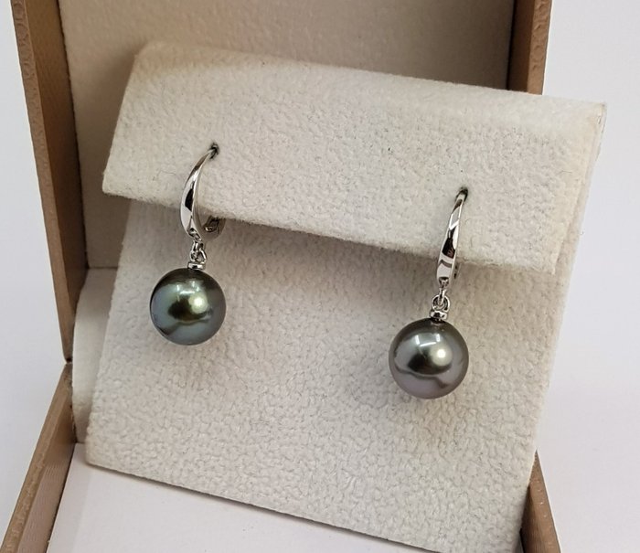 14 kt. White gold - Earrings - 11x12mm Round Green Tahitian Pearl - 0. ...