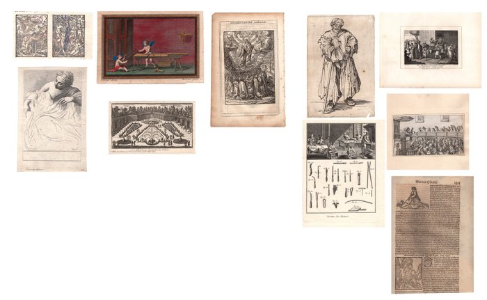 Diderot e D'Alembert, da Tintoretto, Callot, Glissenti, Van Sichem, Morghen, Mariette, Hogarth, - 10 stampe del XVII-XIX secolo