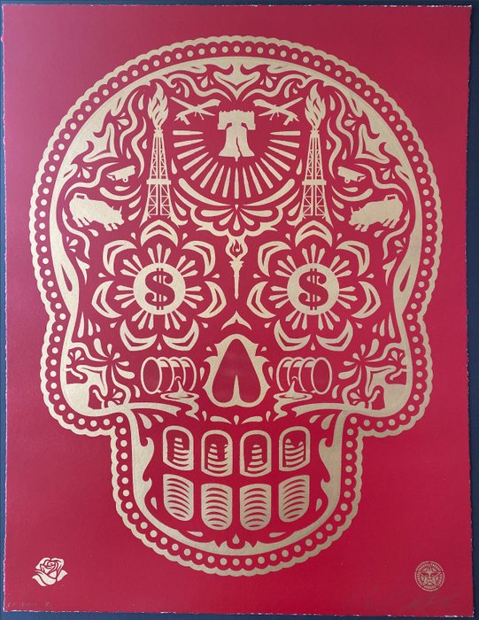 Shepard Fairey (OBEY) (1970) - Power & Glory Day Of The Dead Skull (PP HPM - Red and Gold)