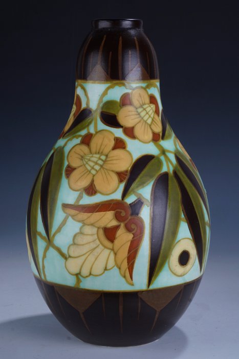 Charles Catteau - Boch Frères • Keramis - Jarrón Art Deco con decoración floral policromada • D1847 • 1932-1933