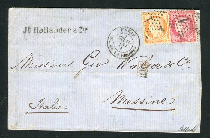 法國 1874 - 精美且罕見的信件，從巴黎到墨西拿（西西里島）三重郵資，編號為 38 和 57