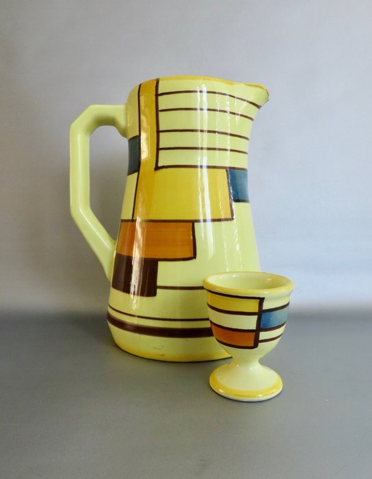 Eva Zeisel (1906-2011) - SMF Schramberg - Duitsland - Large hand-painted glazed jug and egg cup in 'Mondrian' decor