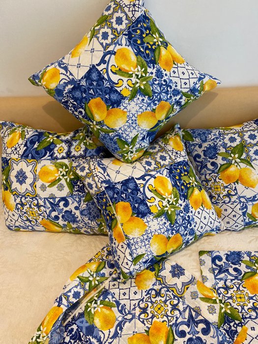  (6) - san leucio conjunto de 6 almofadas em azulejo azul e limão - Almofada - 40 cm - 40 cm
