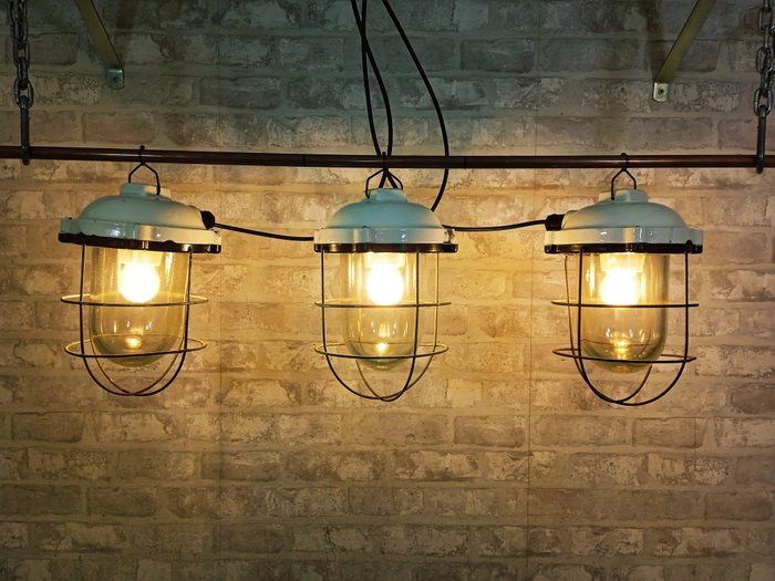 Mennyezeti lámpa, Vintage gyári lámpák (3) - Industrial - Acél, Kerámia, Ötvözet, Üveg