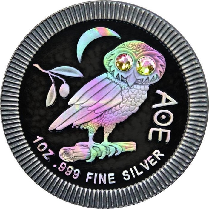 Niue. 2 Dollars 2020 Athenian Owl, Ruthenium & Hologram (1 oz. 999) Swarovski Crystal