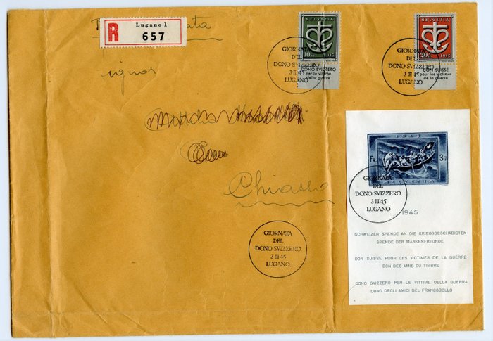 Svizzera 1945 - Lettera con serie e foglietto del Dono Svizzero