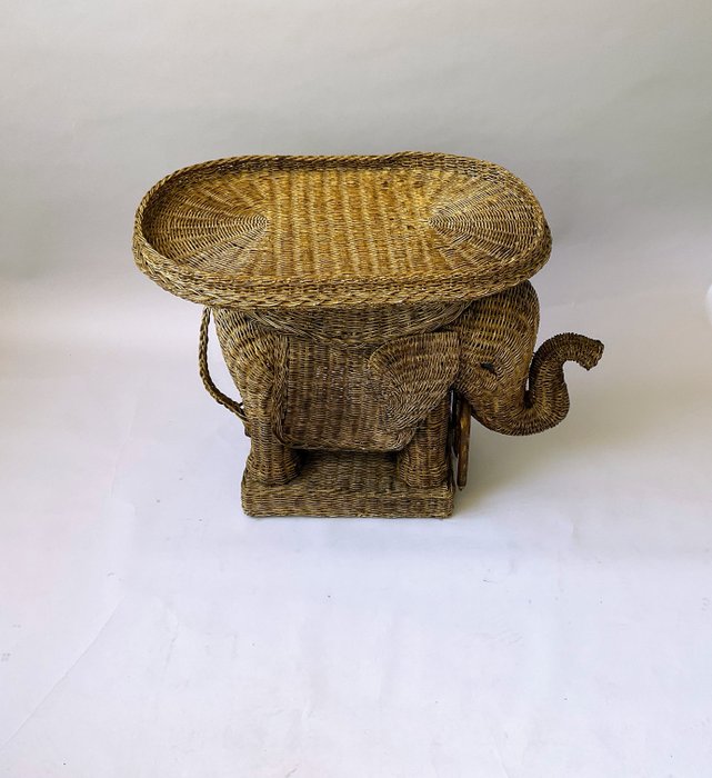 Bijzettafel, rattan wicker olifanten bijzettafel/ plantentafel met afneembaar dienblad