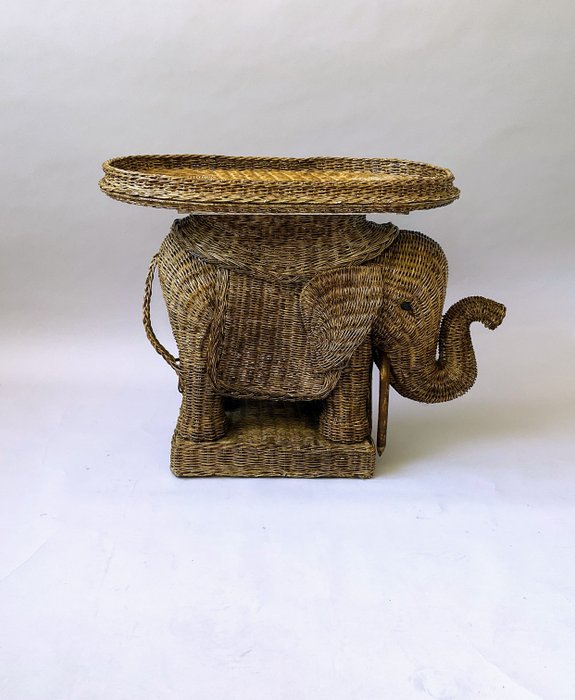 Bijzettafel, rattan wicker olifanten bijzettafel/ plantentafel met afneembaar dienblad
