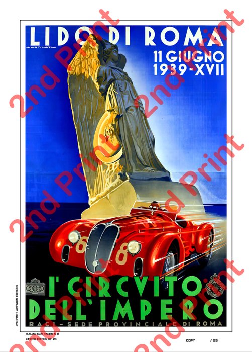 Luigi Martinati - Poster - Collector Limited Edition 25 Pcs - I Circuito dell'Impero - Lido di Roma - 11 giugno 1939 - Alfa Romeo