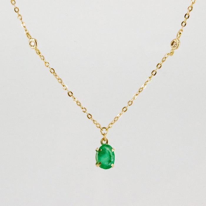 Halskette mit Anhänger - 18 kt Gelbgold Smaragd - Diamant 