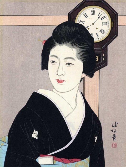 Xilografia originale - Carta - Itō Shinsui (1898-1972) - 'Tokei to bijin (II)' 時計と美人 (II) (Beauty and Clock [II]) - Bonbon Clock ボンボン時計 - Giappone - 1967 (Showa 42)