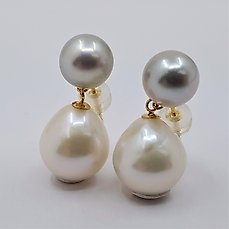 Zonder Minimumprijs – 8.5×11.5mm Silvery Akoya and White Edison Pearls – Oorbellen – 18 karaat Geel goud