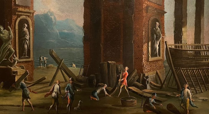 Ascanio Luciani (1621c.-1706) - Capriccio di rovine sul mare con carpentieri