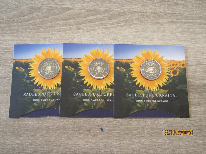 Latvia. 2 Euro 2023 "Sunflower for Ukraine" (3 coincards)
