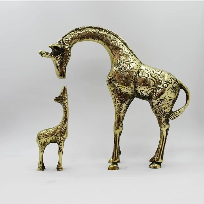 Sculpture, Mother and Baby Giraffe - 22 cm - Brass