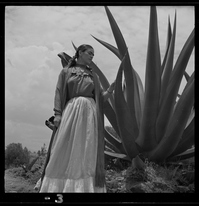 Toni Frissell (1907-1988) - Frida Kahlo (Senora Diego Rivera) standing next to an agave plant, during a photo shoot- 1937