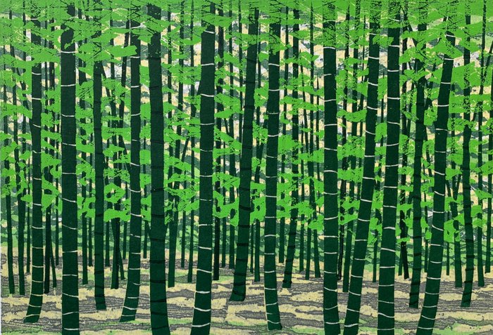 Xilogravura original (1) - verde primavera, bambu - Papel - botânico - Fujita Fumio 藤田不美夫 (b 1933) - 'Chikurin E' 竹林 E (Bamboo Forest E) - Edition 19/150 Large work ! NO RESERVE PRICE ! - Japão - 2001