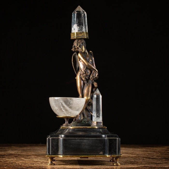 雕塑, Eros and Quartz - Germany - 280 mm - 老青铜雕塑 - 石英杯和点 - 古代大理石底座 - 1910