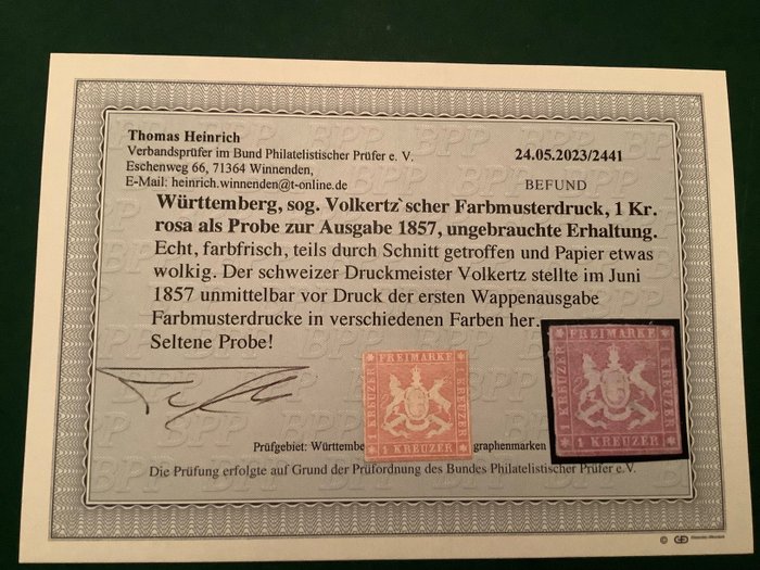 Württemberg 1857 - Rara prova di 1 francobollo Kreuzer con certificato fotografico - Michel probe