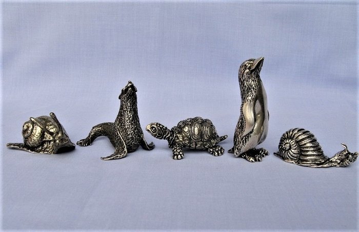 Sæl, pingvin, skildpadde, snegl og snegl (5) - .800 sølv - Italien - Første halvdel af det 20. århundrede