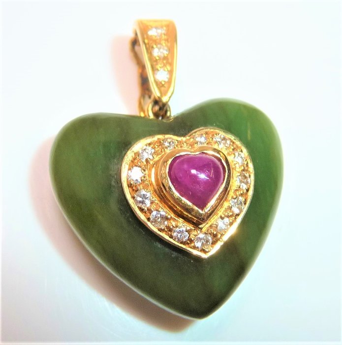 Colgante - Oro amarillo  0.30ct. Corazón Diamante - Jade 