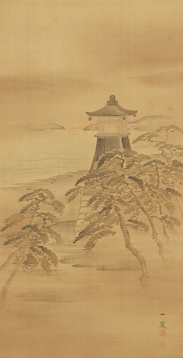 Pergamena da appendere. - Seta - Ippo Mori (1798-1871) - 'Kaihin no zu' 海浜之図 (Seaside [landscape]) - Giappone - metà del XIX secolo