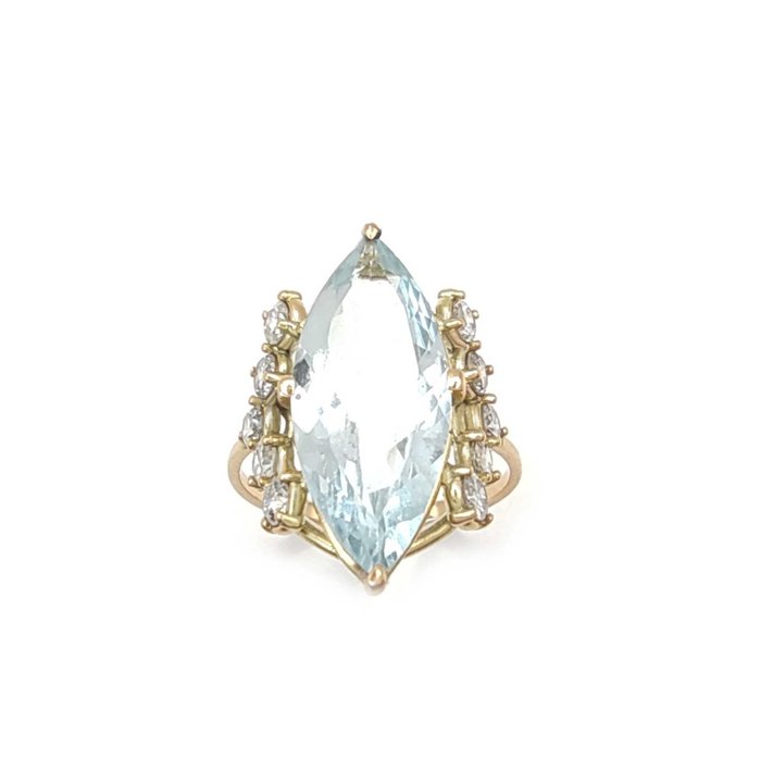 戒指 - 黄金  3.60ct. 榄尖形 海蓝宝石 - 钻石 