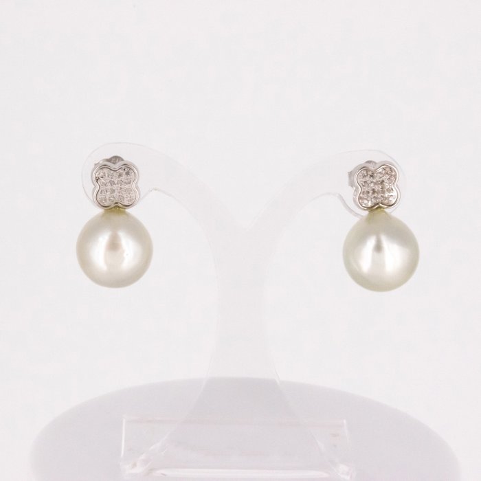 耳環 - 18 克拉 白金 鉆石  (天然) - 珍珠 