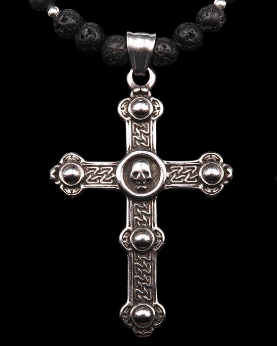 Ketting - Memento Mori Cross - Spirituele onsterfelijkheid - Lavasteen - Zilveren sluiting en kralen - Halsketting