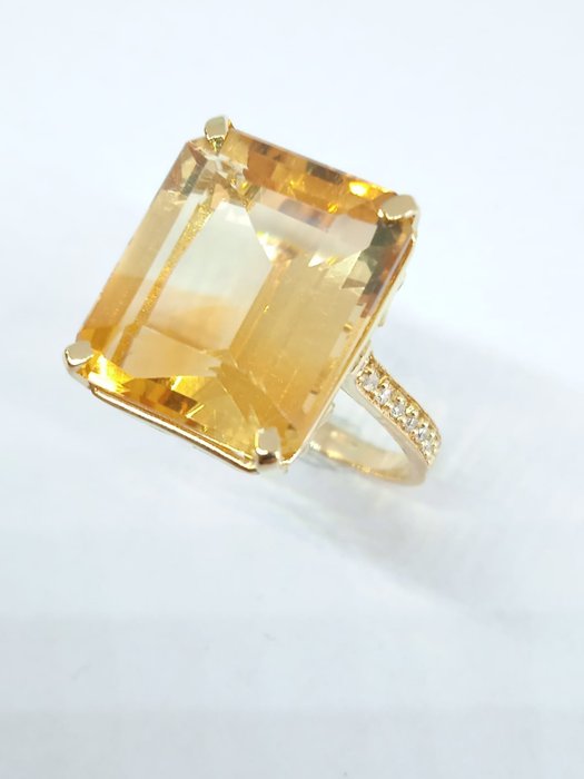 Ring - 14 karat Gull Citrin - Diamant 