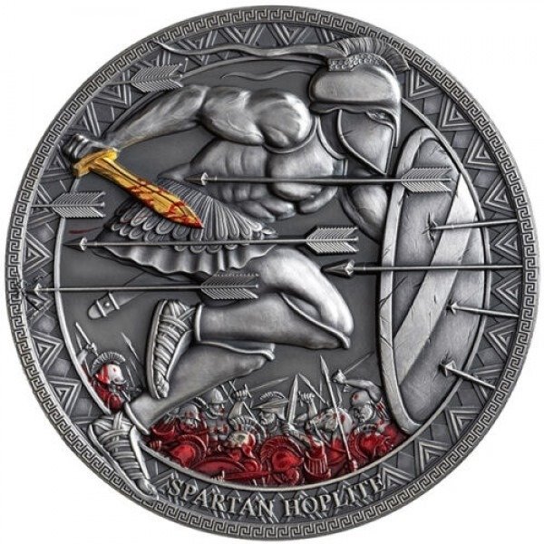 Kamerun. 3000 Francs 2019 Spartan Hoplite Warriors - Antique Finish Coin, 3 Oz (.999)