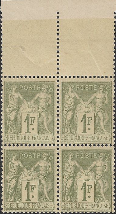 France 1883 - Sage 1 franc olive type II magnifique bloc de 4 - Yvert et Tellier n°82