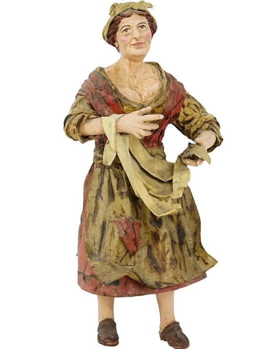 Scultura, Popolana del presepe napoletano - 32 cm - Terracotta e cartapesta