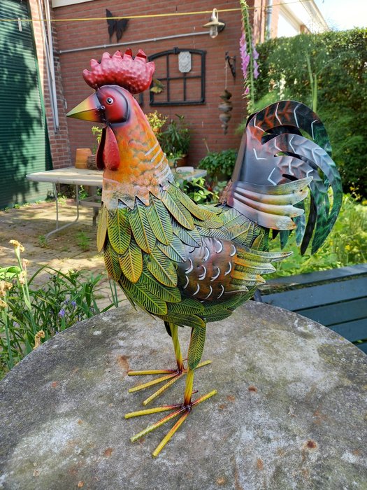Scultura, "Colorful Proud Rooster" - 49 cm - Metallo