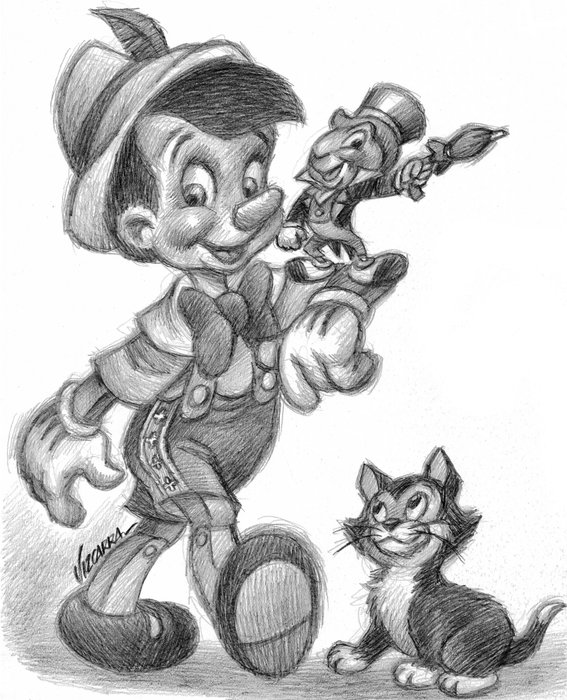 Pinocchio, Jiminy Cricket and Figaro - Original Drawing - Joan Vizcarra - Pencil Art - Original Artwork