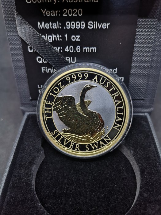 Ausztrália. 1 Dollar 2020 Australian Swan - Black Ruthenium Gold Gilded, 1 Oz (.999)  (Nincs minimálár)