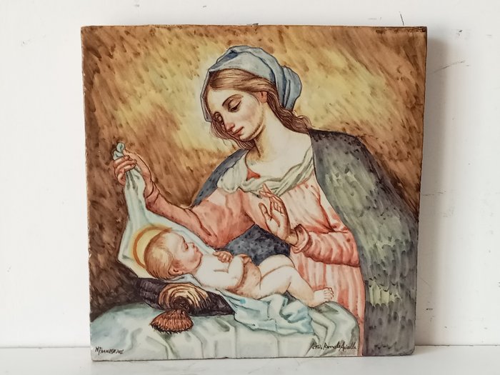 Dipinto - Madonna con Bambino Gesù - Firmato - Piastrella in terracotta