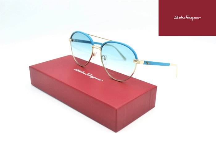Salvatore Ferragamo - SF229SL 741 - Golden Metal Design - Blue Leather Lined - *New* & Unusual - Sunglasses