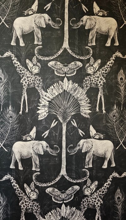 Lujosa tela Art Déco efecto seda -300x300cm- jirafas y elefantes - Textil  - 300 cm - 300 cm