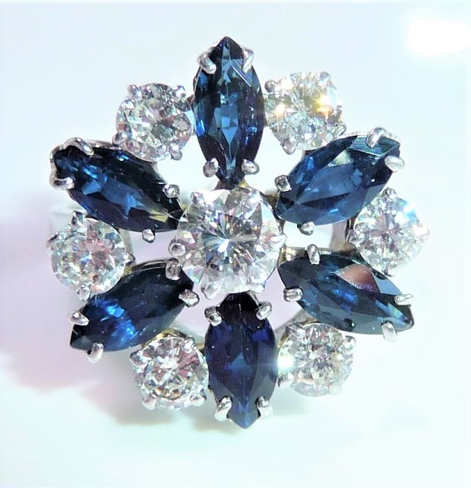 戒指 - 14K包金 白金 钻石  (天然) - 蓝宝石 