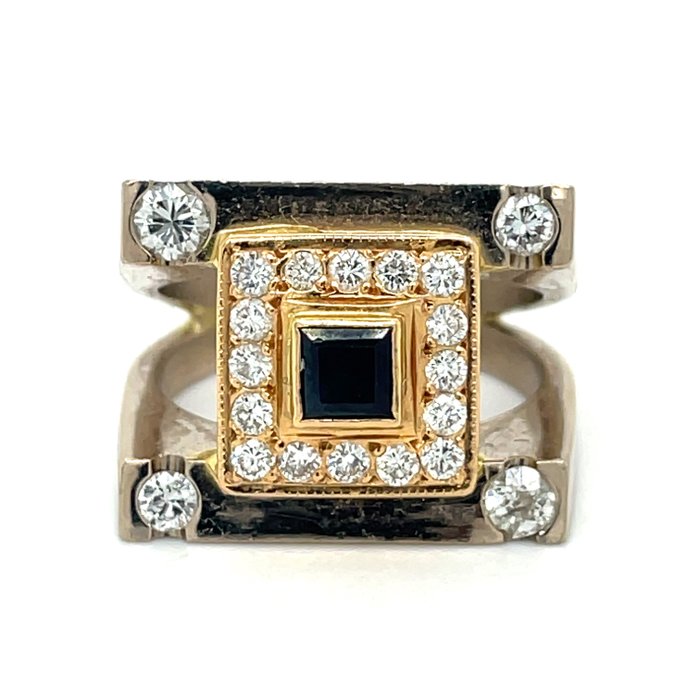 Ring - 18 karaat Geel goud, Witgoud Saffier - Diamant 