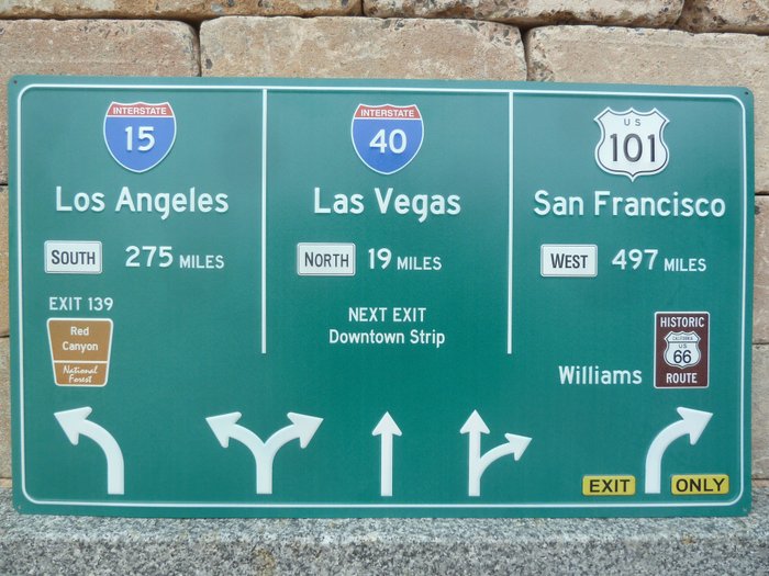 Insegna - Cartello stradale Los Angeles San Francisco Las Vegas - Prodotto negli Stati Uniti - foglio