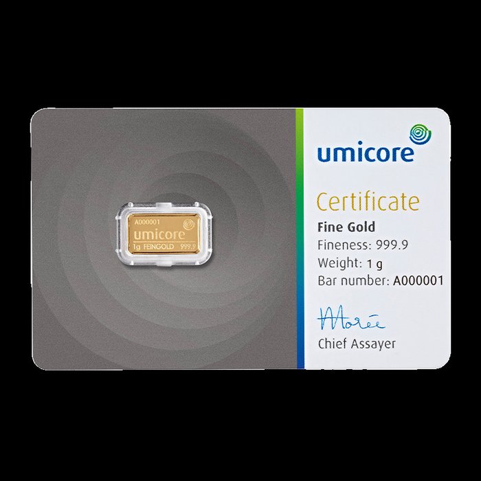 1 gram - Guld - Umicore - Forseglet & Med certifikat  (Ingen mindstepris)