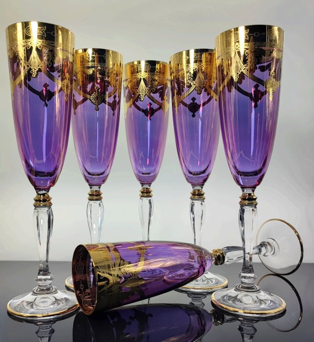 Secoloventesimo - Champagne fluitje (6) - Amethist gouden kristallen fluit - .999 (24 kt) goud, Emaille, Kristal