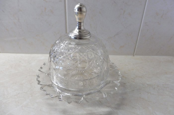 Kristallen boterstolp met zilveren knop - Smørskål - .833 sølv, Holland - periode 1850/1890